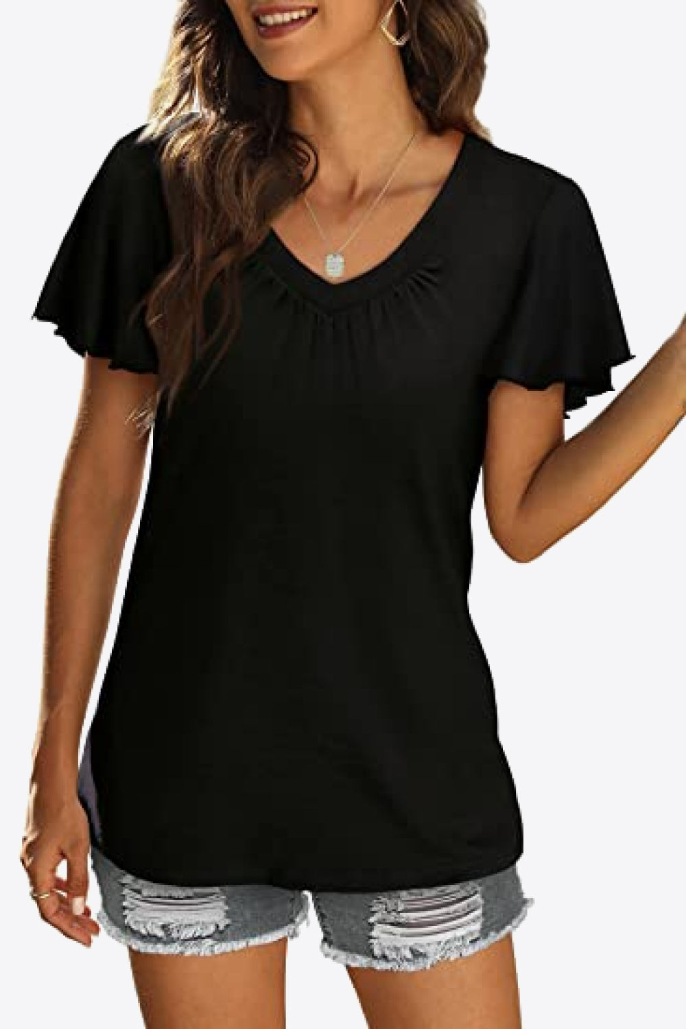 V-Neck Flutter Sleeve Tee Shirt