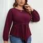Plus Size Round Neck Tie Waist Long Sleeve Blouse