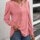 Ruched Notched Neck Puff Sleeve Smocked Wrist Blouse