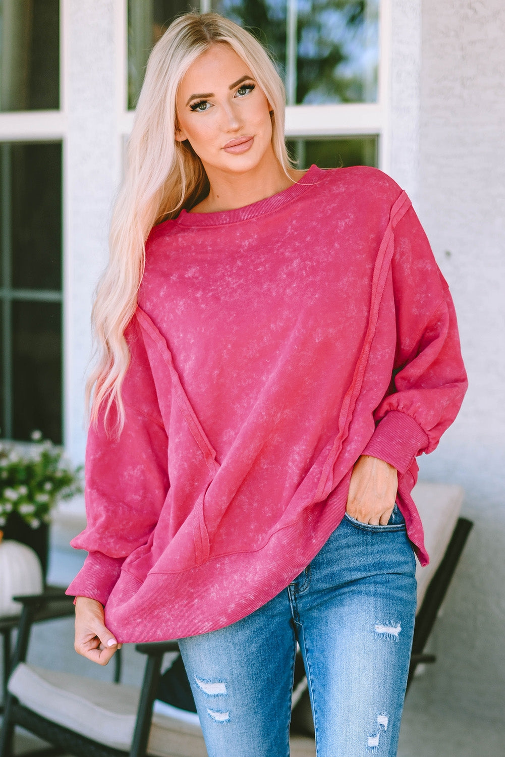 Double Take Acid Wash Round Neck Seam Detail Slit Sweatshirt