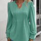 Ruched Notched Neck Puff Sleeve Smocked Wrist Blouse