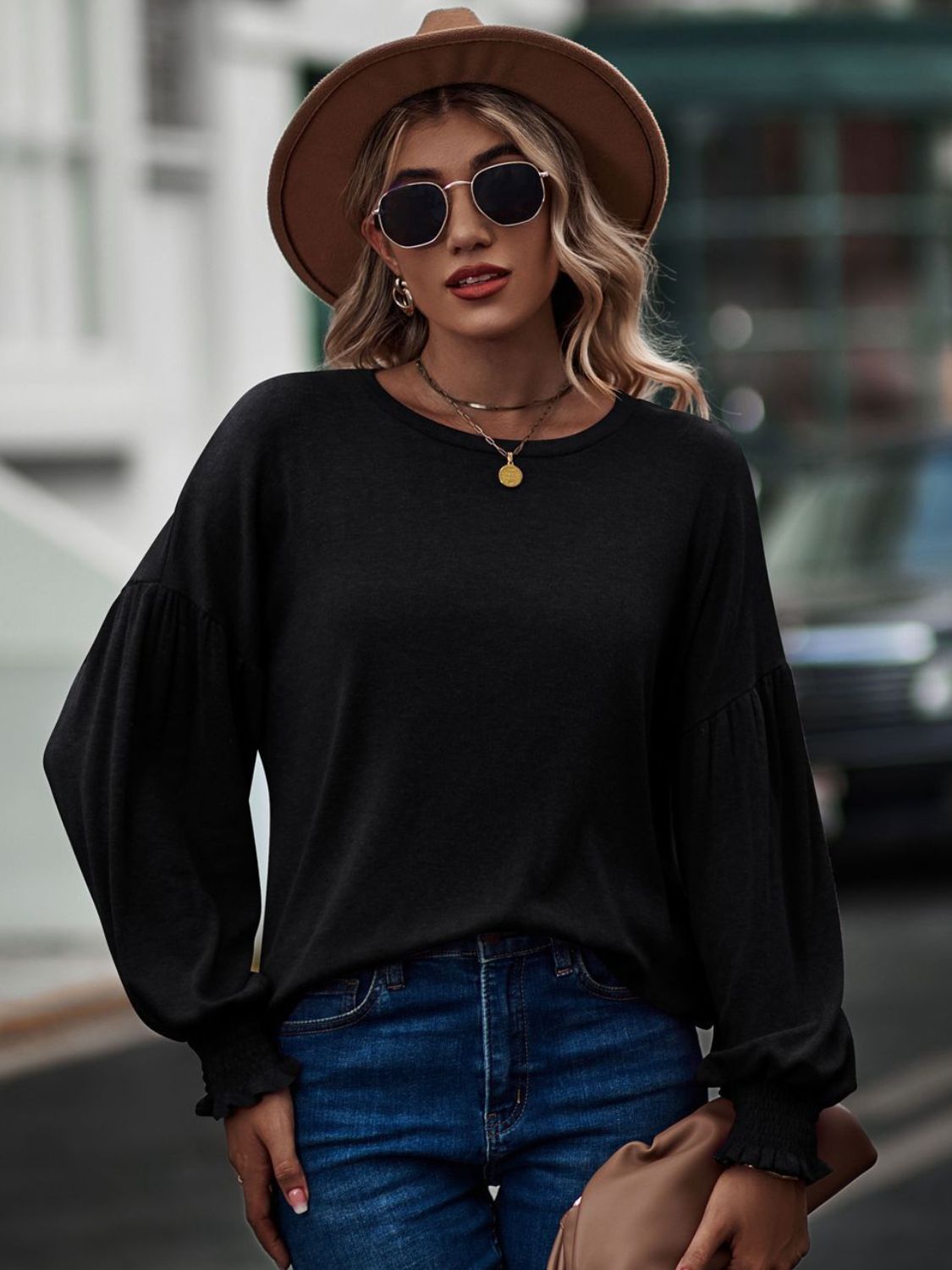 Round Neck Dropped Shoulder Flounce Sleeve T-Shirt