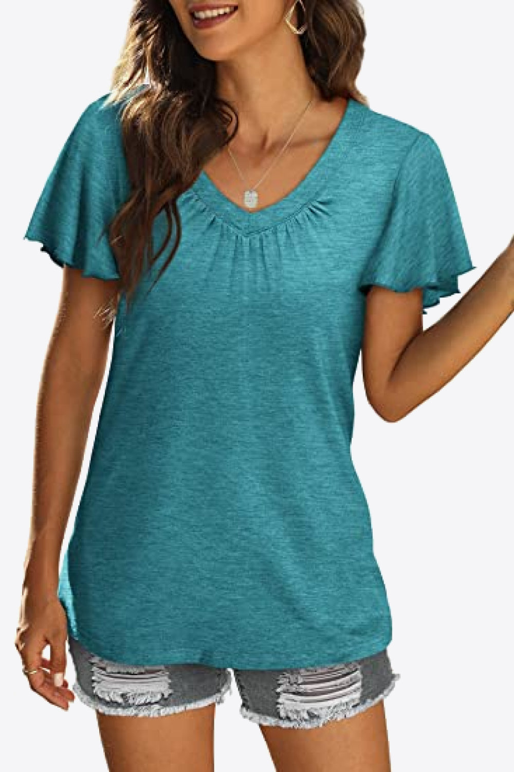 V-Neck Flutter Sleeve Tee Shirt