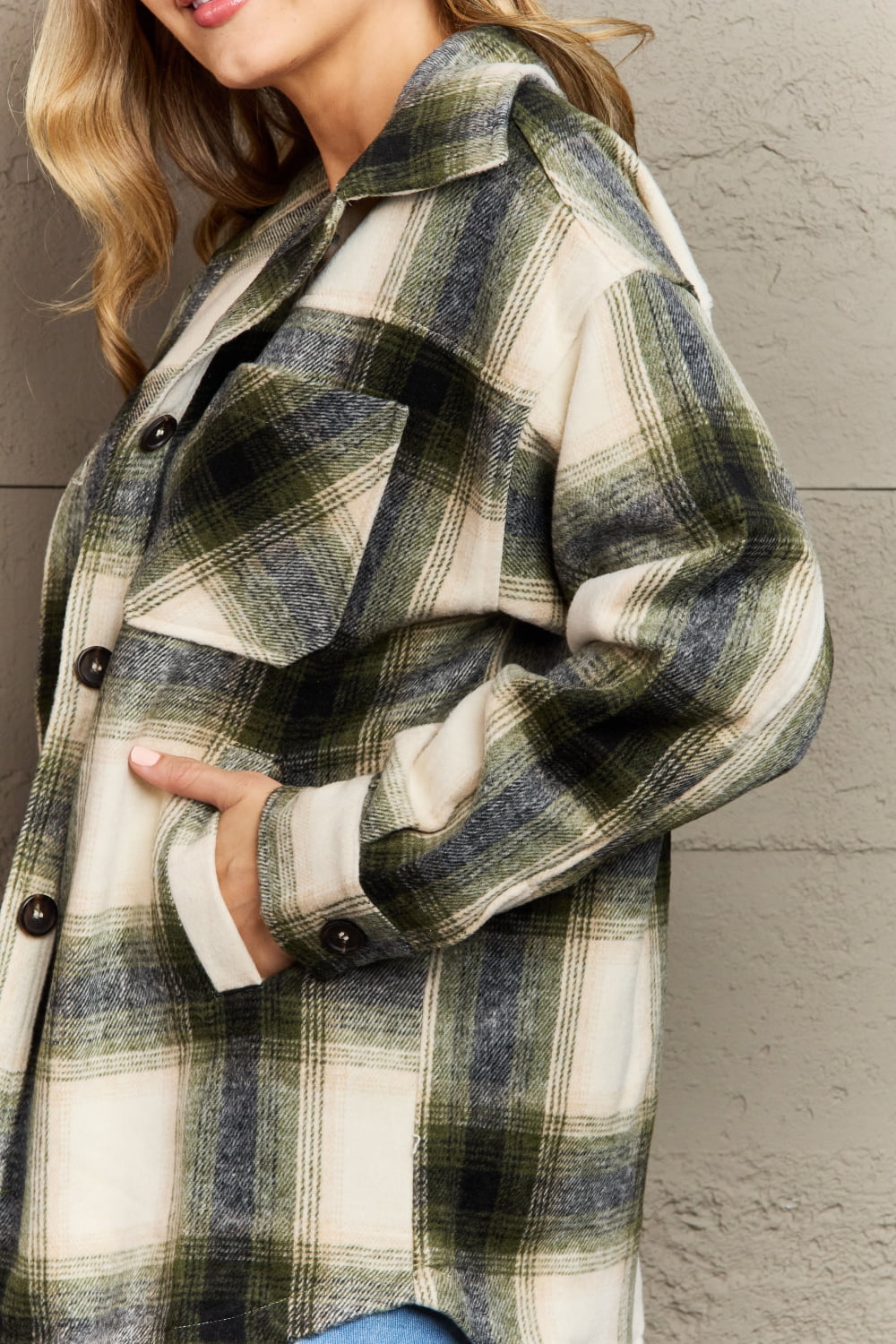 Zenana By The Fireplace Oversized Plaid Shacket in Olive