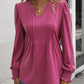 Ruched Notched Neck Puff Sleeve Smocked Wrist Blouse