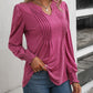 Ruched Notched Neck Puff Sleeve Smocked Wrist Blouse