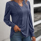 Ruched Notched Neck Puff Sleeve Smocked Wrist Blouse