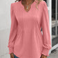 Ruched Notched Neck Puff Sleeve Smocked Wrist Blouse